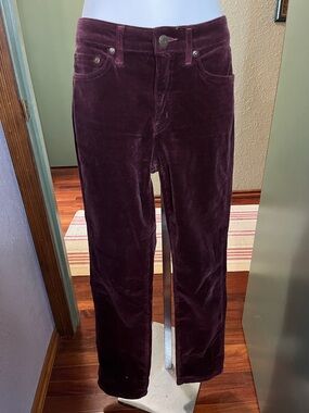 EUC Lauren Ralph Lauren Burgundy Corduroy Jeans with Tan Leather Logo Sz 6